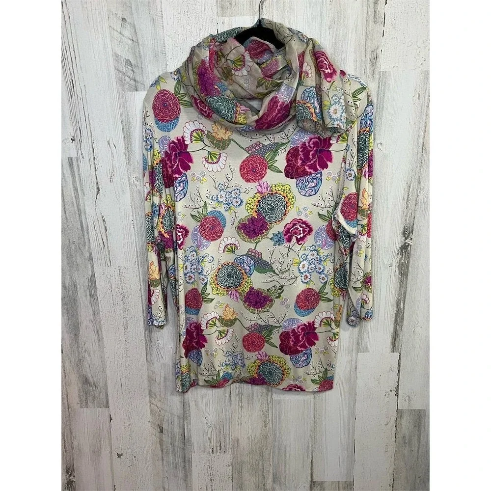 Leggiadro Womens‎ XL Floral 3/4 Sleeve Top Matching Scarf Luxury Garden Party